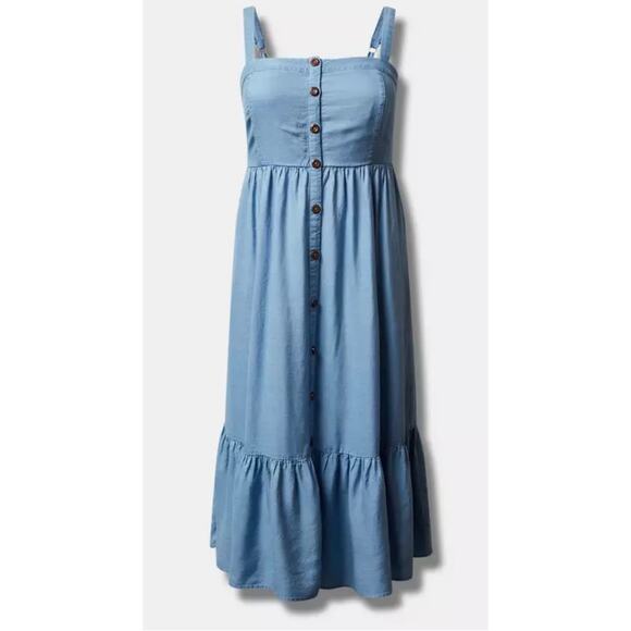 torrid Dresses & Skirts - Torrid Tea Length Chambray Button Front Midi Dress Blue Sleeveless Sz 4X Casual